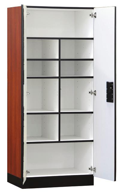 Designer wood storage cabinets feature two (2) 16" W x 5/8" D doors and are available in a gray, blue, black, maple, cherry or mahogany finish.