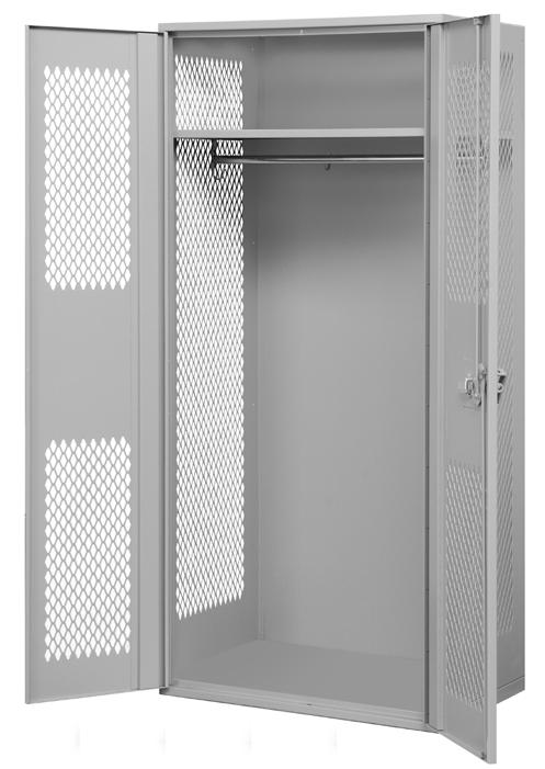 Measuring 36 wide and 78 high, the two (2) door military storage cabinets feature vented doors, tops and side panels that provide visibility and maximum air flow and are available in a gray, tan or