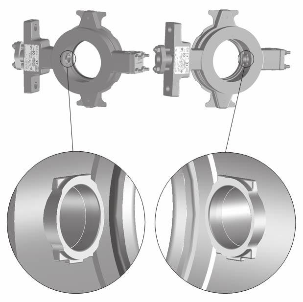 A81 Valve Instruction Manual Figure 5. Orientation of Bearing Tabs BACKSIDE OF VALVE BEARING TAB BEARING TAB 3. Loosen the two packing hex nuts evenly to remove spring tension, then remove the nuts.