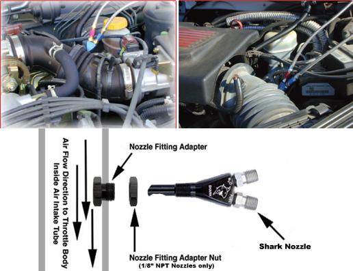 of the air intake tube. Thread the Shark nozzle into the adaptor and tighten, aligning the nozzle discharge toward the throttle body. (The arrows in illustration B show the proper nozzle orientation.