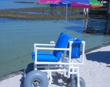 PVC Beach Wheelchair These sturdy, light weight, all terrain beach chairs allow easier access in sand, snow and other soft soils.