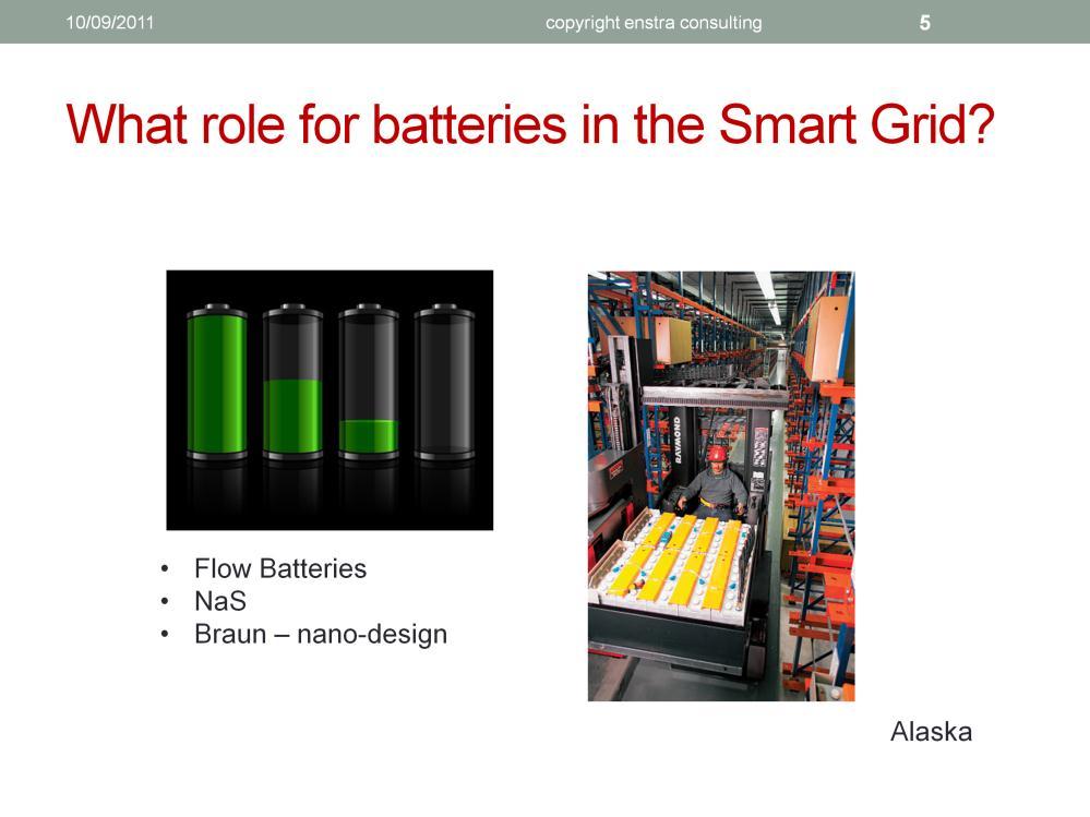 There are a number of technological advance poised to happen. Sodium Sulphur batteries Japan. Flow Batteries. University of Illinois nano-design framework for any battery chemistry.