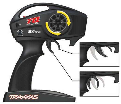 TRAXXAS TQ 2.4GHz RADIO SYSTEM RADIO SYSTEM CONTROLS TURN LEFT TURN RIGHT Neutral Brake Forward Always have the transmitter and receiver turned on before you start the engine.
