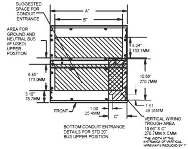 Bottom conduit entrance for standard 20-inch deep section, low bus position, 6-inch bottom cover Figure 6A.