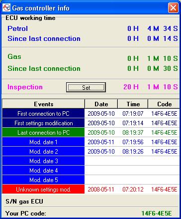 2.5. Controller Info To bring up the About gas ECU window, click the select Gas controller info in the Help menu. button in the upper right corner of the screen or Fig. 8 Gas controller info window.