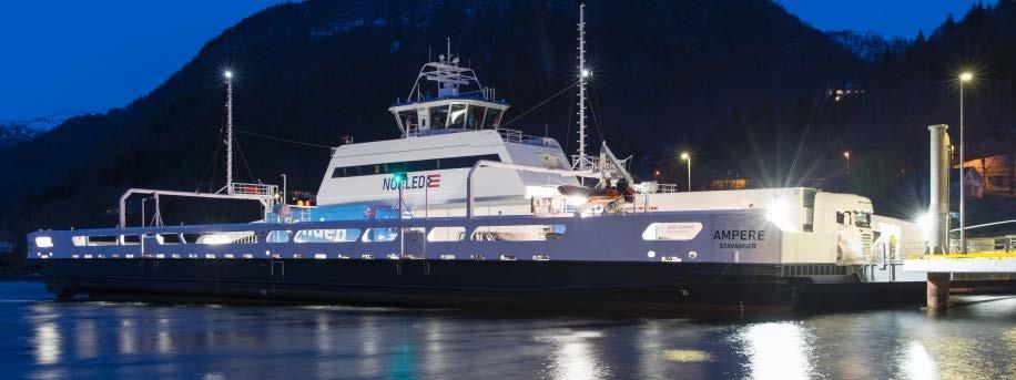 Ampere The world s first electrically-powered car ferry Entered into service early 2015 in Sognefjord between Larvik and Oppedal 120 passengers 360 cars 34 fjord-crosses /day