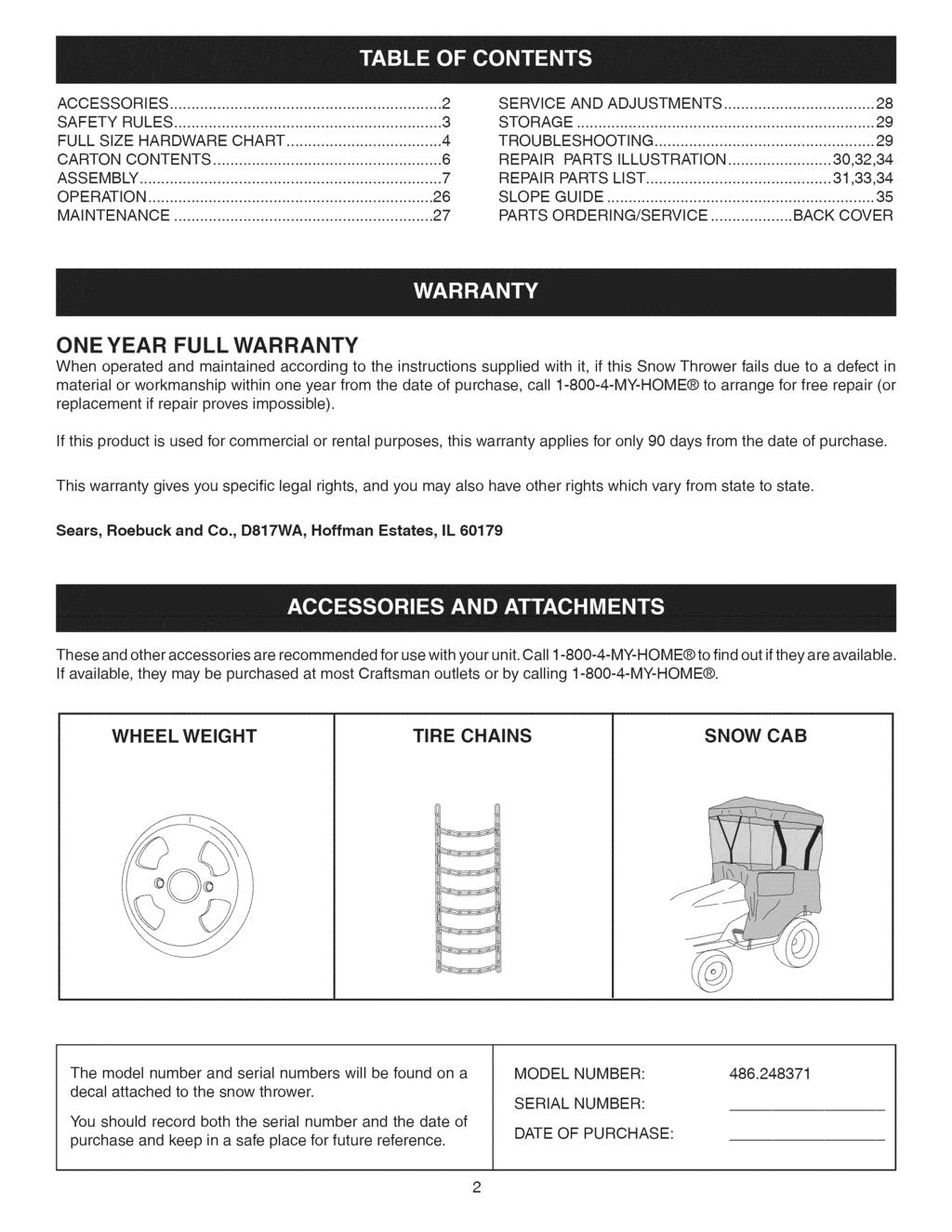 ACCESSORIES... 2 SAFETY RULES... 3 FULL SIZE HARDWARE CHART... 4 CARTON CONTENTS... 6 ASSEMBLY... 7 OPERATION... 26 MAINTENANCE... 27 SERVICE AND ADJUSTMENTS... 28 STORAGE... 29 TROUBLESHOOTING.