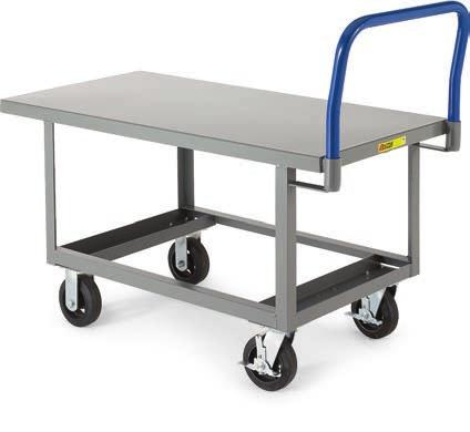 Include a removable crossbrace handle that eases loading and unloading of oversized materials. Trucks roll on two swivel and two rigid casters. Durable powder coat finish. Assembled. Made in USA.