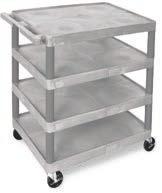 Shelves resist bending or buckling will not stain, corrode or retain odors. Retaining lip on all shelves keeps items from falling off. Swivel casters, 2 with brakes.
