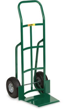 Solid Platform D-Handle Hand Trucks 16-gauge steel tubing 800-lb. capacity 10" wheels D-handle offers easier one-hand operation. Extra-wide 18" nose plate. Oversized wheel guards. Made in USA.