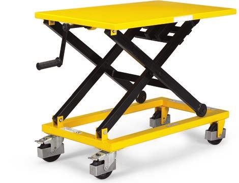 Mechanical Mobile Scissor Lift Table Up to 1100-lb. capacity Manual hand crank Hand crank lift Steel construction with 5" polyurethane casters 2 rigid, 2 swivel with brakes. Color: yellow. IN STOCK.