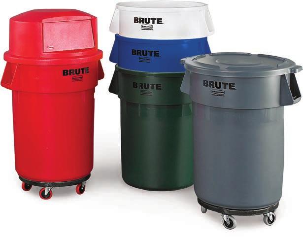 BRUTE Containers Plastic resin Multiple capacities available Lids sold separately Perfect for handling both refuse and food. Includes reinforced rims, built-in handles, and double-ribbed base.