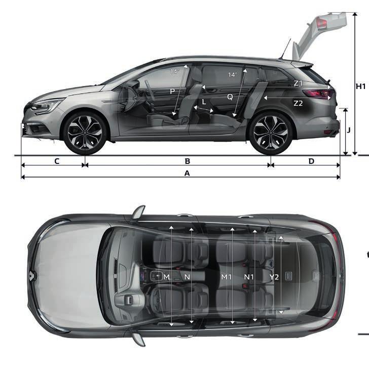 Dimensions Megane Hatch Megane Wagon VOLUME (L) Boot volume 434 With rear seat bench folded down 1247 DIMENSIONS (mm) A Overall length 4359 4356 (GT) B Wheelbase 2670 C Front overhang 919 D Rear
