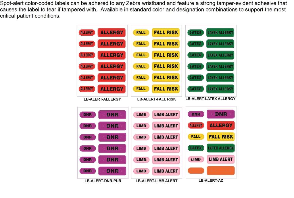 Wristbanding - Non-Printable Alert Solutions Spot Alert Labels Sheet W x L PartNumber Alert Designation Color Labels/Form Forms/Case Case Price/Case 2.5" x 3.