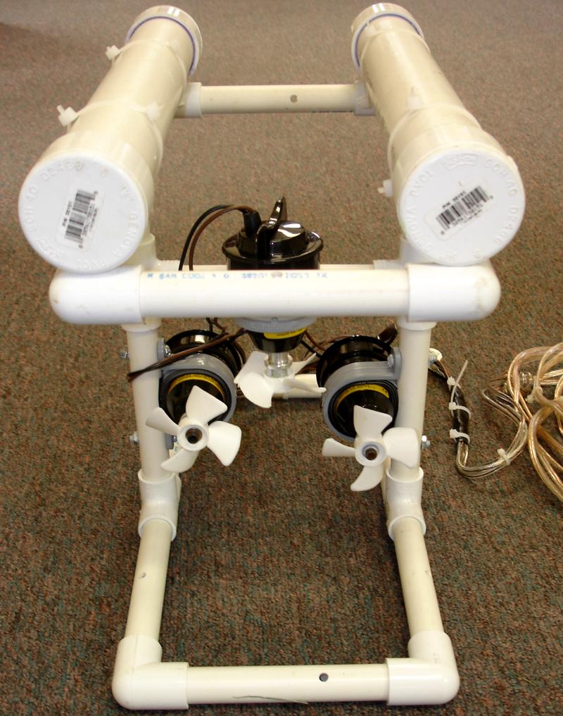 Figure 1.3: In this front view of the ROV you can see that three thruster assemblies have been constructed and attached to the area inside of the frame.