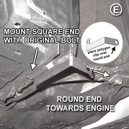 (Figure E) Mount square edge of front using the 10mm bolt, tighten until snug but adjustable. Round edge faces engine side.