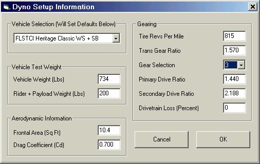 Dyno Horsepower Estimator Data Mode 6.28 Dyno Horsepower Estimator Commands Before creating a dyno graph you ll need to set the parameters and functions in the Dyno Setup Information window. 5.