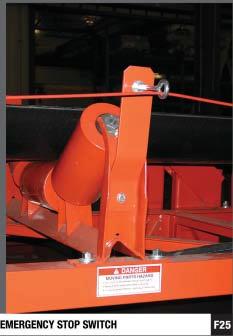 EMERGENCY STOP SWITCHES AND CONVEYOR GUARDING Emergency stop switches consist of a pull-cable that runs along the side of the conveyor and is connected to a switch approximately every 100 feet of the