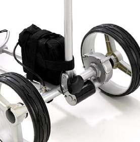 Attach wheels to axles by pushing wheel locking button on the outside of the wheel and inserting the axle extension into