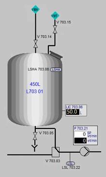 Slika 7.1: Rezervoar L 703 01 ob doseženem nivoju mehčane vode 50l [1] V koraku 30 se ventil premakne v končno pozicijo, voda pa doseže nivojsko stikalo črpalke LSL 703.