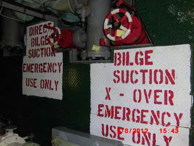 b) A sign board should be posted near the valve with the words in lettering three inches in height stating EMERGENCY BILGE SUCTION, EMERGENCY USE ONLY, OR Lettering three inches in height should be