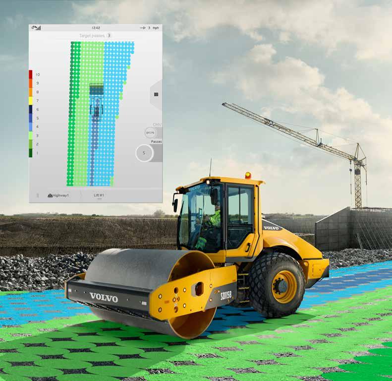 Compact Assist* Compact Assist for soil can display both pass mapping or CMV (compaction measurement value), an estimated value for soil stiffness.