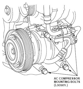 7. Raise the vehicle on a lift. 8. Loosen, but do not remove, the A/C compressor mounting bolts. NOTE: ZDX : Remove the 6x16 bolt and slide the suction hose clamp out of the way. 9.
