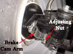 Inspect the brake arm, spring, rod and fastener for signs of wear or damage. Operate the brake lever while watching the brake mechanism for proper operation.