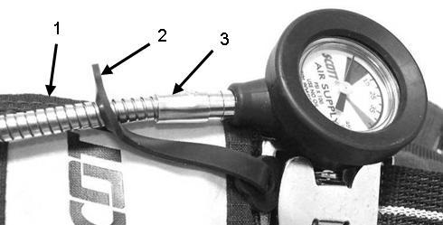 Figure 6-63. Remote Pressure Indicator High-Pressure Hose Removal. Ensure remote pressure indicator high-pressure hose is threaded between the Kevlar straps within the right shoulder strap, as worn.
