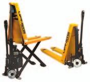 pallet truck style steering configuration Strong and reliable cylinder Quick-lift mechanism on manual lifts allows loads under 400 lbs.