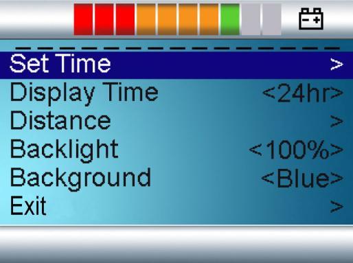 Setting Menu Figur 1 In the setting menu it is possible to change the clock, brightness, backlight and color, and odometer.