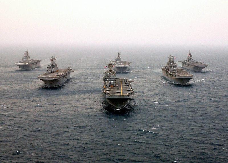 Fig. 138. Six of the U.S. Navy's assault ships in formation; lead ship and the ship seen to its right are Tarawa-class, all others are Wasp-class.