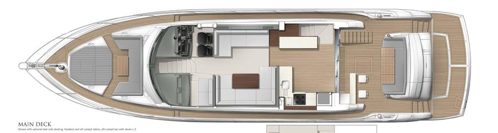 Main deck upper galley arrangement SHOWN WITH OPTIONAL TEAK SIDE DECKING, FOREDECK AND AFT COCKPIT TABLES, AFT COCKPIT BAR WITH STOOLS X 2 Sun-loungers Forward lounge and dining area Helm station