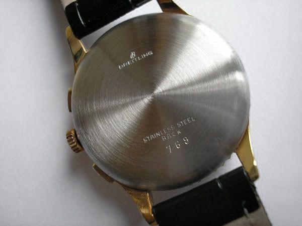 Back of ca 1950's Chronomat ref 769, non-luminous in rolled gold ca late 1950's to ca 1962 - Chronomat ref 808 The dial is again redesigned and the previously rectangular pushers
