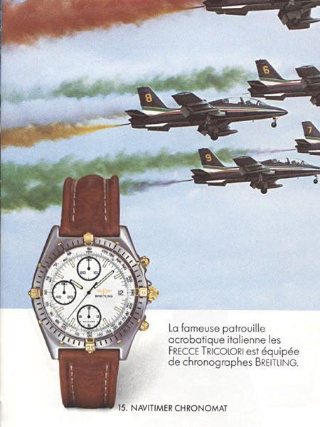 The Navitimer Chronomat in the 1986 Breitling catalogue The available dial colours for 1986 are: black, white/gold borders on subs, black