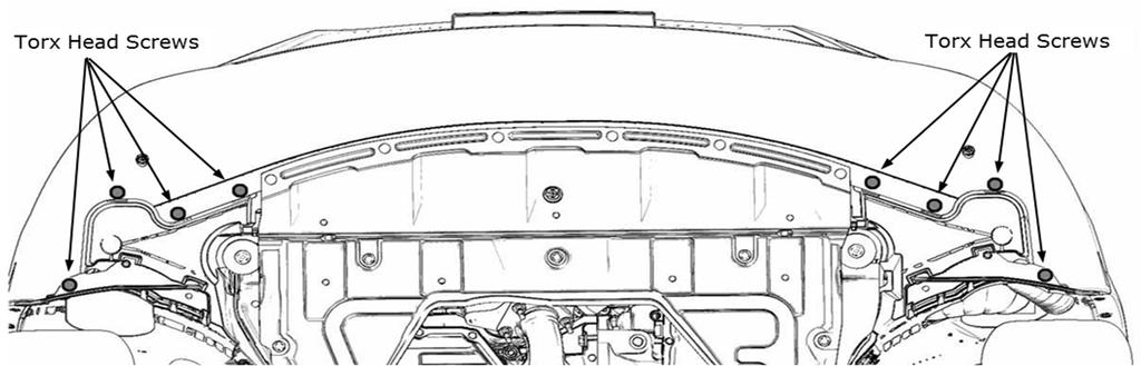 Remove eight (8) Torx screws at the locations shown as shown in Fig. 5. Fig. 5 Fig. 6 3) Removing under vehicle trim. a) On passenger side of vehicle.