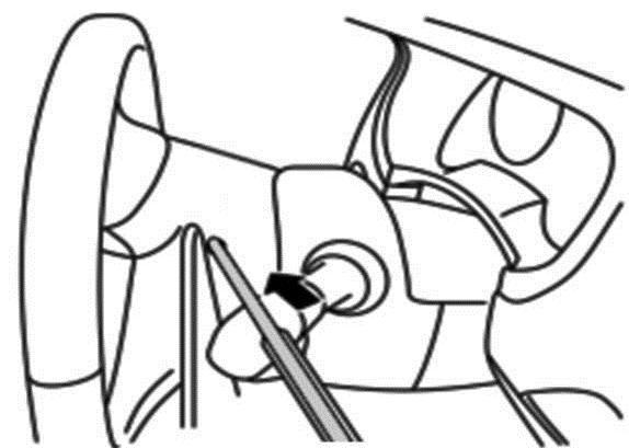 A Fig. 16 14) Removing airbag module assembly. a) Locate the retaining spring access hole (A) in the steering wheel rear finisher, as shown and insert a suitable 5.