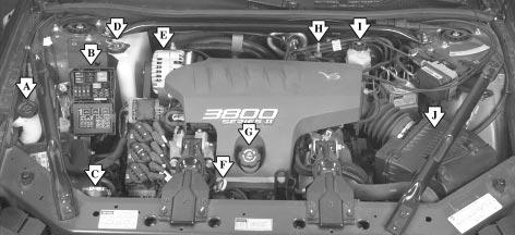 When you open the hood on the 3800 V6 (Code K) engine, you ll see: A. Windshield Washer Fluid Reservoir B. Underhood Fuse Block C. Radiator Pressure Cap D. Engine Coolant Reservoir E.