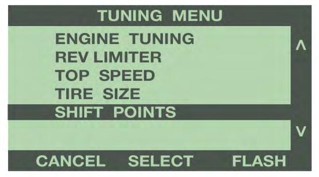 This feature allows adjustment of the wide open throttle shift RPM for each gear, up or down, in 100 RPM increments. This setting does not affect part throttle shifting.