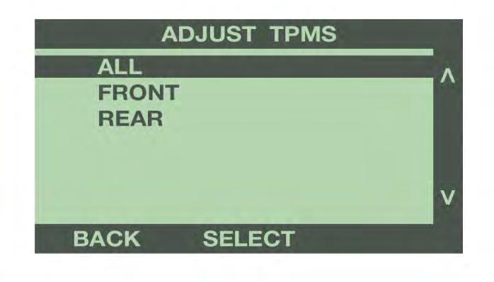 Use the buttons to the right to raise or lower the minimum tire pressure to activate the TPMS alarm. Select Flash to program the change.