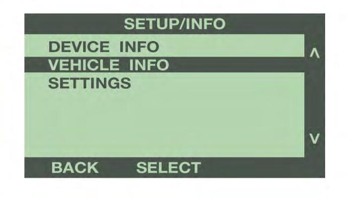 The Vehicle Info menu displays the VIN number of the vehicle that the programmer was last