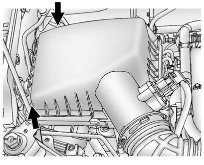 Vehicle Care 231 To inspect or replace the air cleaner/ filter: 1.4L L4 Engine 1.8L L4 Engine 1. Remove the two screws, tilt the cover, and slide it out of the assembly. 2. Inspect or replace the engine air cleaner/filter.