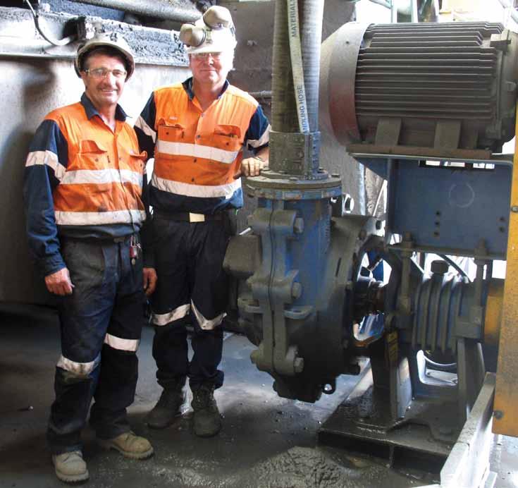 L-R Paul Sharp and Matt Cosgrove from Sibelco Australia enjoy the many benefits of the WBH slurry pump at the Tallawang mine site in NSW, Australia. The pump ran beautifully from Day One.