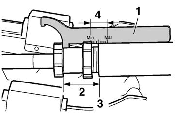 Control functions 1. Special wrench 2. Adjuster length 3. Rim 4. Scale range 4. Tighten the locknut while holding the control rod adjuster in place. Locknut tightening torque: 35 Nm (3.