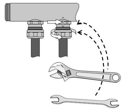 5. While holding the hex end of the manifold outlet with an adjustable wrench, turn the compression nut no more than a half turn beyond hand tight. - For 3/8, 1/2 and 5/8 in.