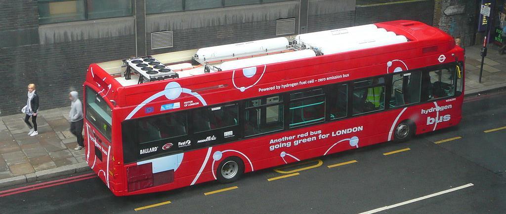 Figure 10: The six roof-mounted hydrogen fuel tanks of a London fuel cell bus 1.2. C O N S T R A I N T S O N E L E C T R I C I T Y S U P P LY F O R R E N E W A B L E P O W E R - TO- G AS 1.2.1. CO2 emissions of power-to-gas mobility The environmental performance of power-to-gas entirely depends on the origin of the power used for electrolysis.