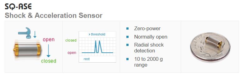 SQ-ASE Shock & Acceleration Sensor The SQ-ASE series sensor is a normally open device. It is designed to be sensitive in a radial direction.