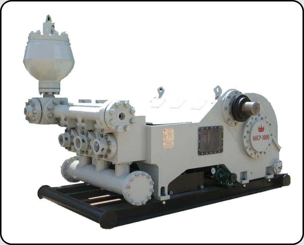 Includes strainer block with pulsation dampener, mounted on a pony skid. SPECIFICATIONS: MKP-1000 Triplex Mud Pump MODEL MKP -1000 Max. Liner Size x Stroke 7 x 9 Power Rating 1000 HP Max.