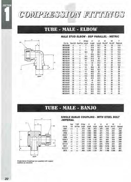 Compression Fittings TUBE MALE ELBOW 90 Elbow configuration with a BSP parallel male stud thread Enables tube connection to a mating BSP parallel BS2779 female threaded port Male Stud Elbow BSP