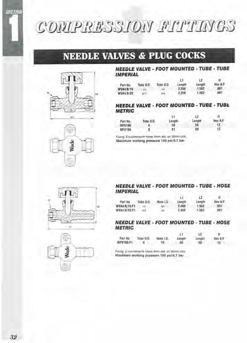 Compression Fittings PLUG COCKS & NEEDLE VALVES In-line configuration Enables connection of 2 tubes of the same outside diameter A simple needle valve of brass construction (with the exception of the